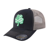 St. Patrick's Day Four Leaf Shamrock 6-Panel Trucker Hat with Black front and Khaki back