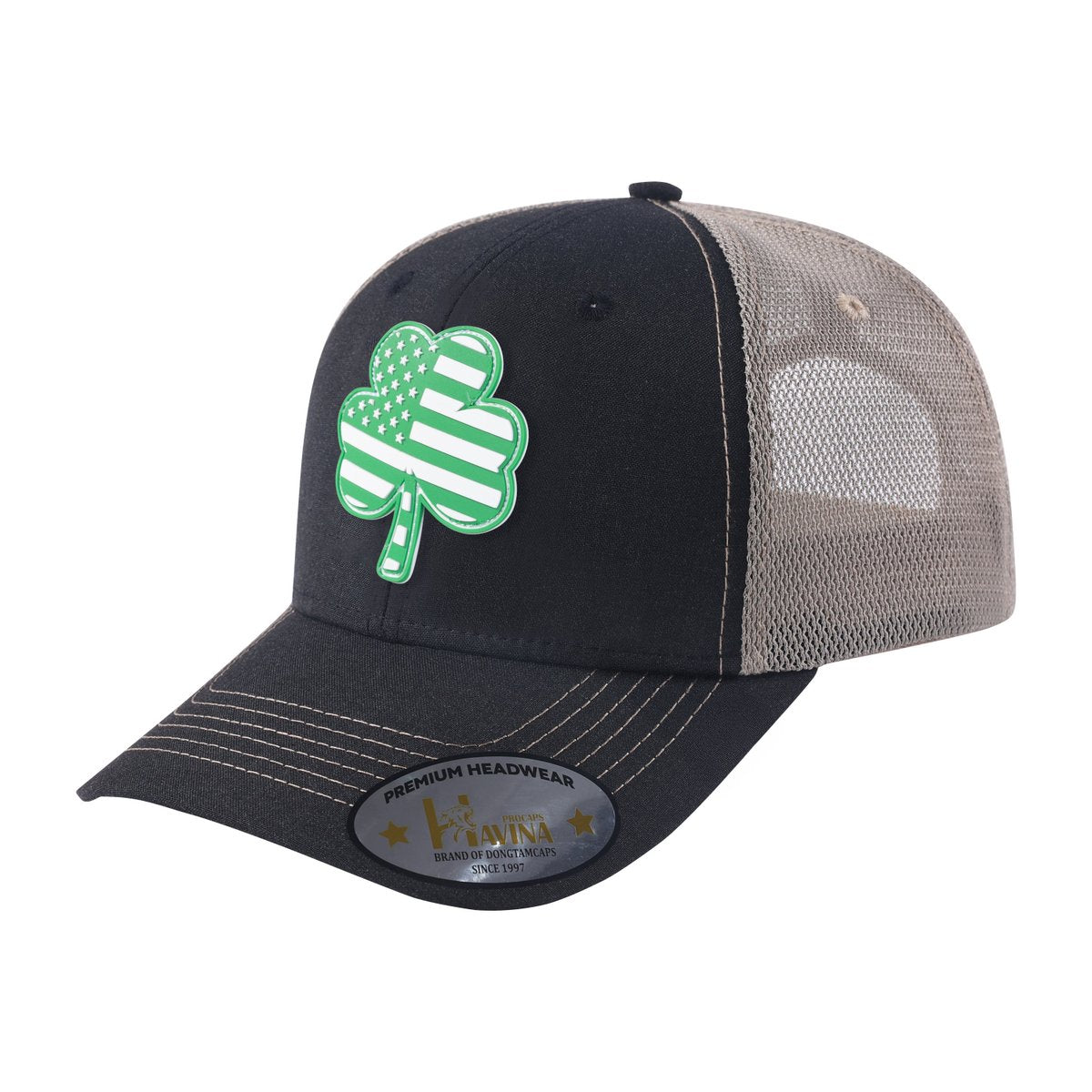 St. Patrick's Day Four Leaf Shamrock 6-Panel Trucker Hat with Black front and Light Grey back