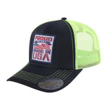 Proud to Say Made in US 6-Panel Trucker Hat with Black front and Green back