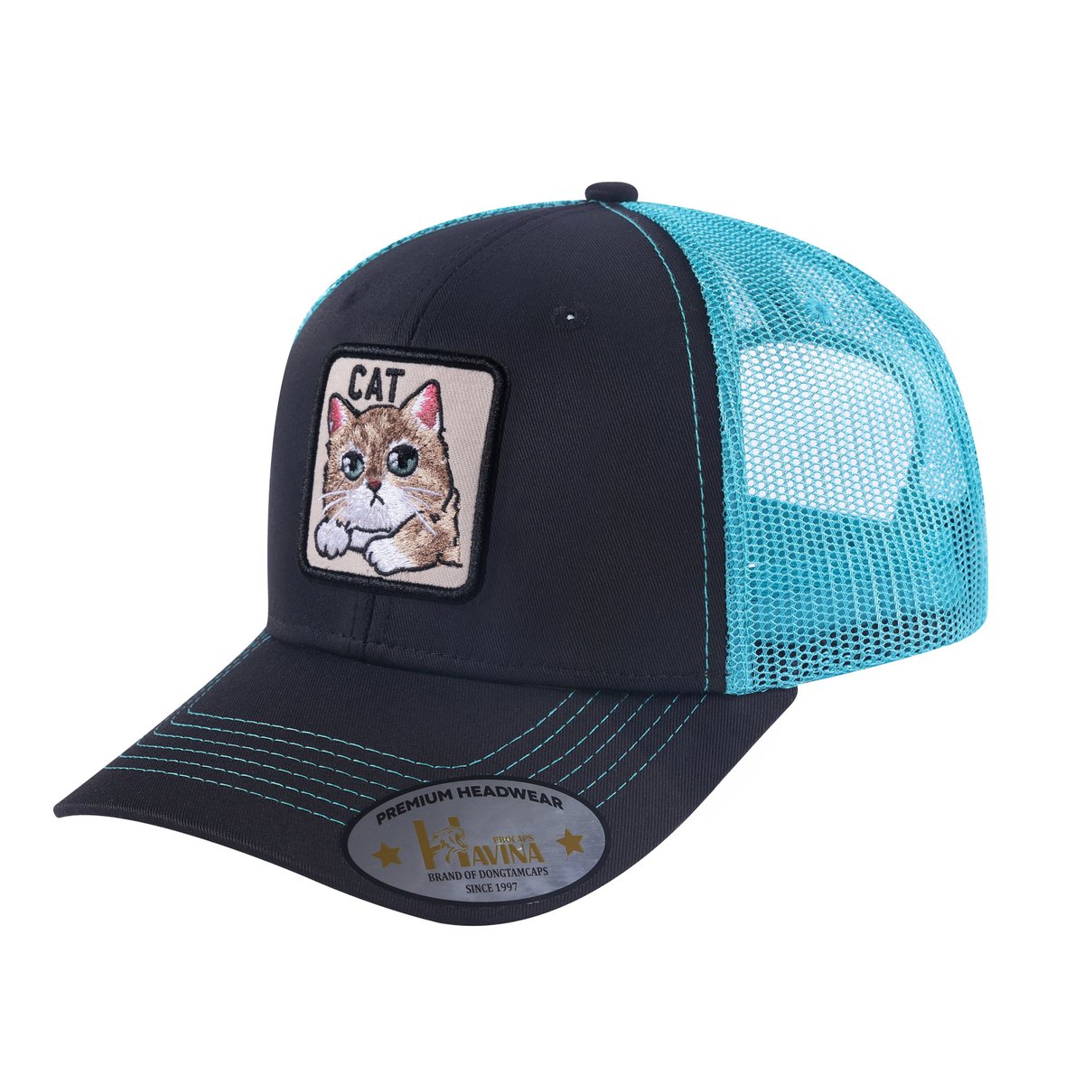 Cat 6-Panel Trucker Hat with Black front and Blue back
