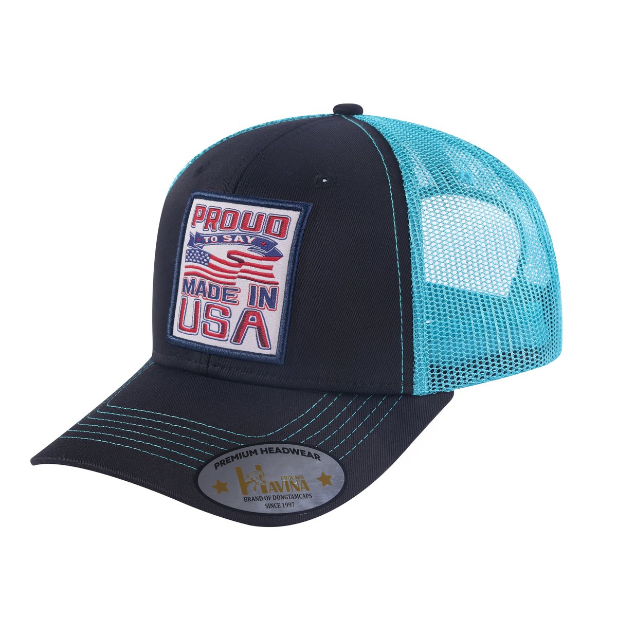 Proud to Say Made in US 6-Panel Trucker Hat with Black front and Blue back