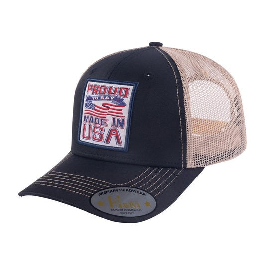 Proud to Say Made in US 6-Panel Trucker Hat with Black front and Khaki back