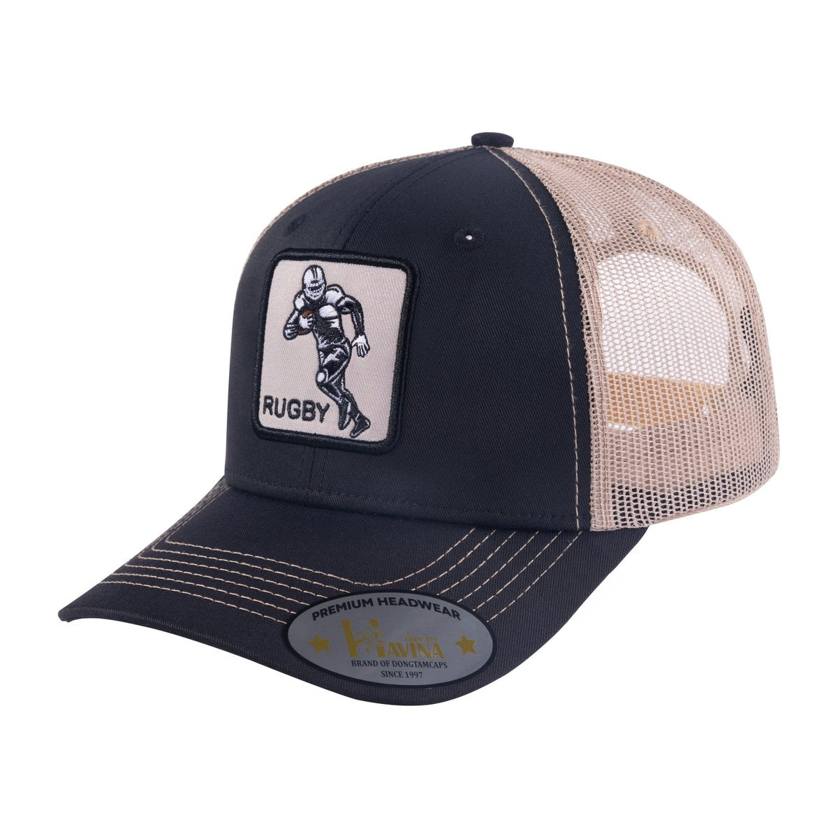 Rugby/Football 6-Panel Trucker Hat with Black front and Khaki back