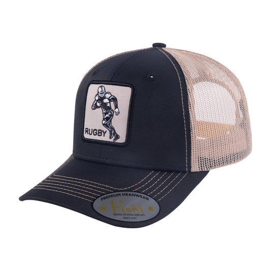 Rugby/Football 6-Panel Trucker Hat with Black front and Khaki back