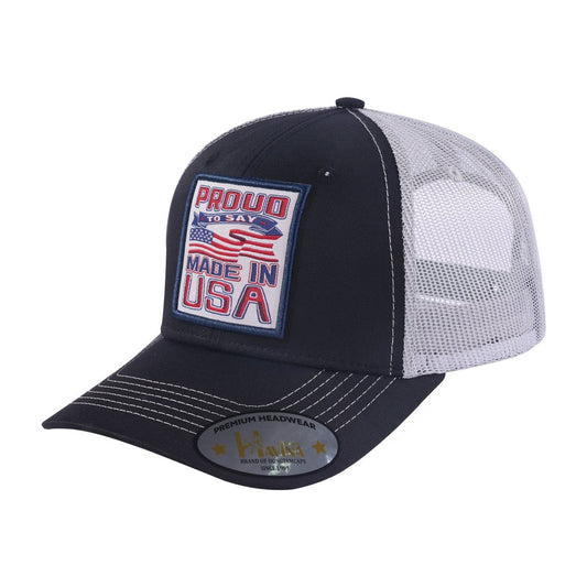 Proud to Say Made in US 6-Panel Trucker Hat with Black front and Light Grey back