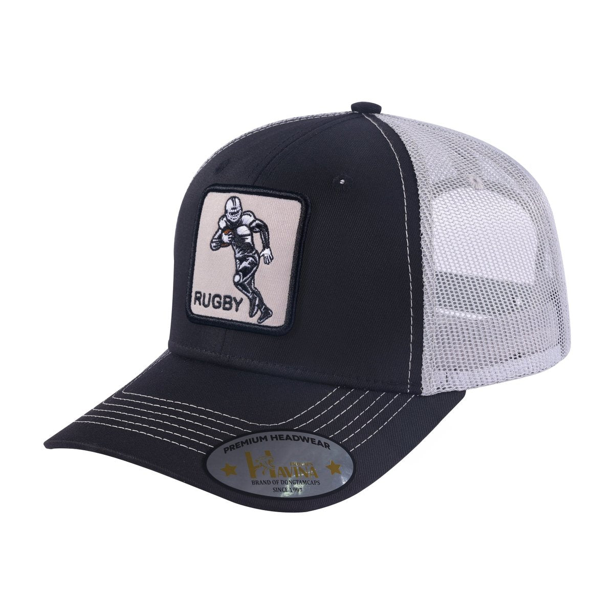 Rugby/Football 6-Panel Trucker Hat with Black front and Light Grey back