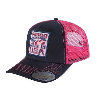 Proud to Say Made in US 6-Panel Trucker Hat with Black front and Pink back
