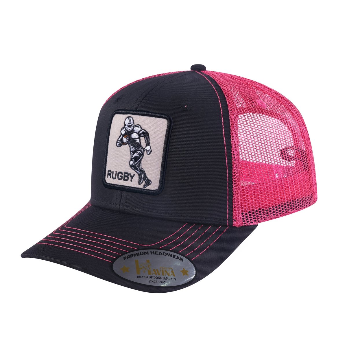 Rugby/Football 6-Panel Trucker Hat with Black front and Pink back