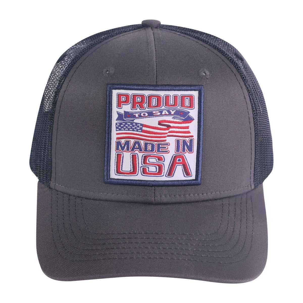 Proud to Say Made in US 6-Panel Trucker Hat with Dark Grey front and Black back