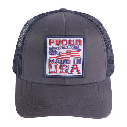 Proud to Say Made in US 6-Panel Trucker Hat with Dark Grey front and Black back