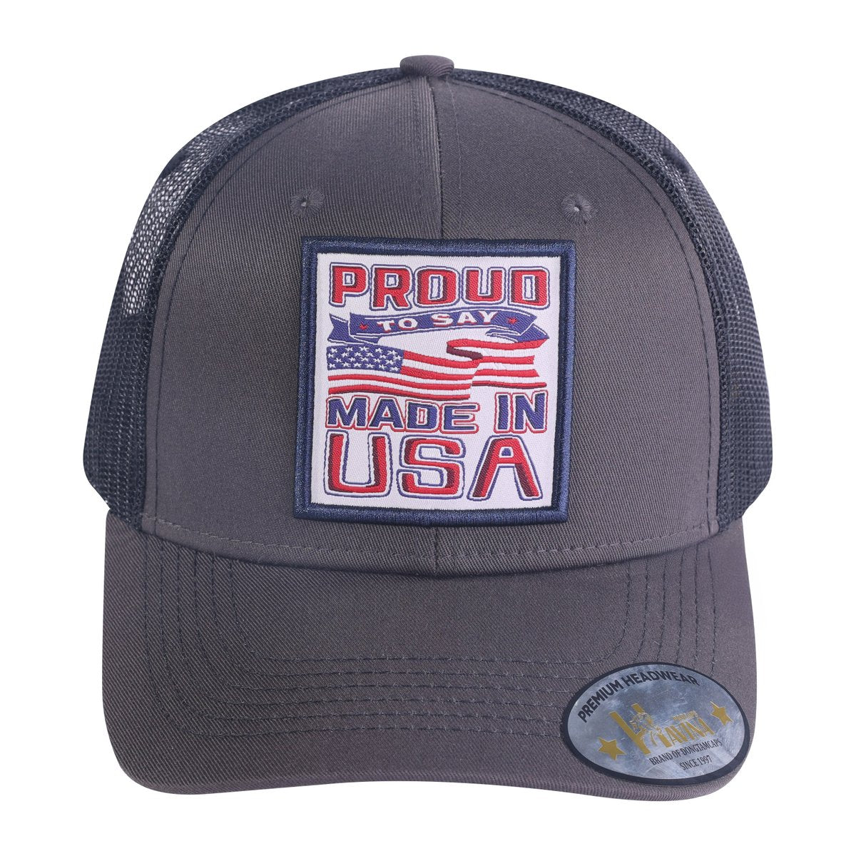 Proud to Say Made in US 6-Panel Trucker Hat with Dark Grey front and Black back