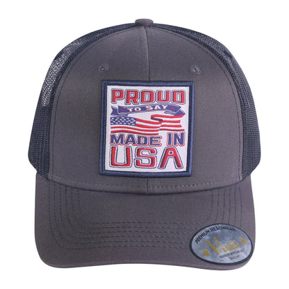 Proud to Say Made in US 6-Panel Trucker Hat with Dark Grey front and Black back
