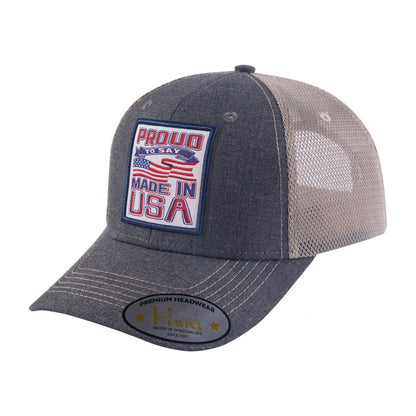 Proud to Say Made in US 6-Panel Trucker Hat with Dark Grey front and Khaki back