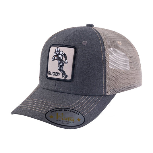 Rugby/Football 6-Panel Trucker Hat with Dark Grey front and Khaki back