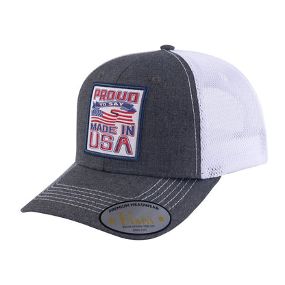 Proud to Say Made in US 6-Panel Trucker Hat with Dark Grey front and White back