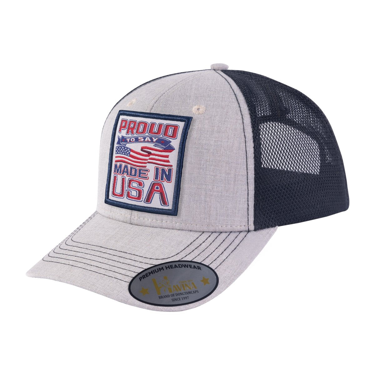 Proud to Say Made in US 6-Panel Trucker Hat with Khaki front and Black back