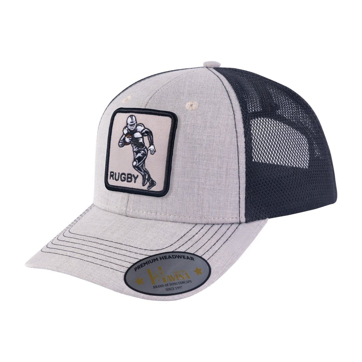 Rugby/Football 6-Panel Trucker Hat with Khaki front and Black back
