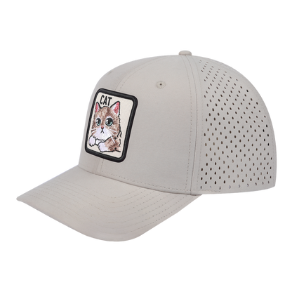 Cat 6-Panel Microfiber Laser Hole Trucker Hat with Beige front and Beige back