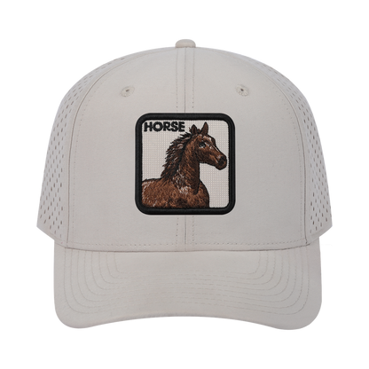 Horse 6-Panel Microfiber Laser Hole Trucker Hat with Beige front and Beige back
