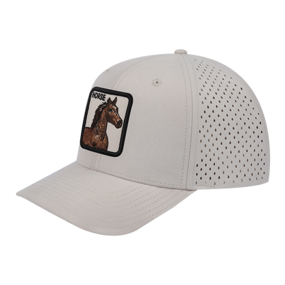 Horse 6-Panel Microfiber Laser Hole Trucker Hat with Beige front and Beige back