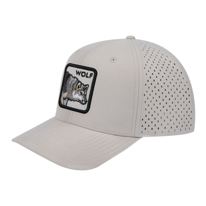 Wolf 6-Panel Microfiber Laser Hole Trucker Hat with Beige front and Beige back