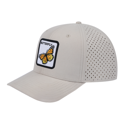 Butterfly 6-Panel Microfiber Laser Hole Trucker Hat with Beige front and Beige back