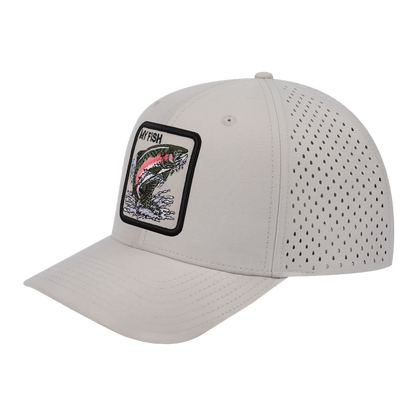 My Fish 6-Panel Microfiber Laser Hole Trucker Hat with Beige front and Beige back