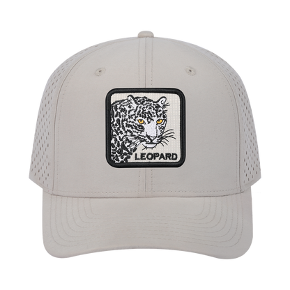 Leopard 6-Panel Microfiber Laser Hole Trucker Hat with Beige front and Beige back