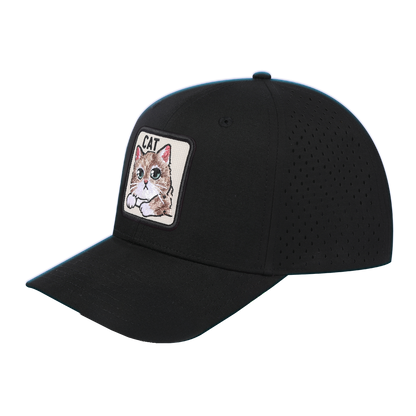 Cat 6-Panel Microfiber Laser Hole Trucker Hat with Black front and Black back