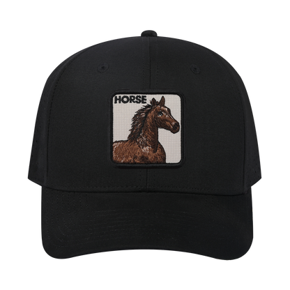 Horse 6-Panel Microfiber Laser Hole Trucker Hat with Black front and Black back