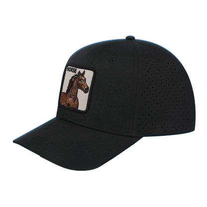 Horse 6-Panel Microfiber Laser Hole Trucker Hat with Black front and Black back