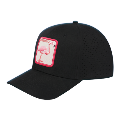 Flamingo 6-Panel Microfiber Laser Hole Trucker Hat with Black front and Black back