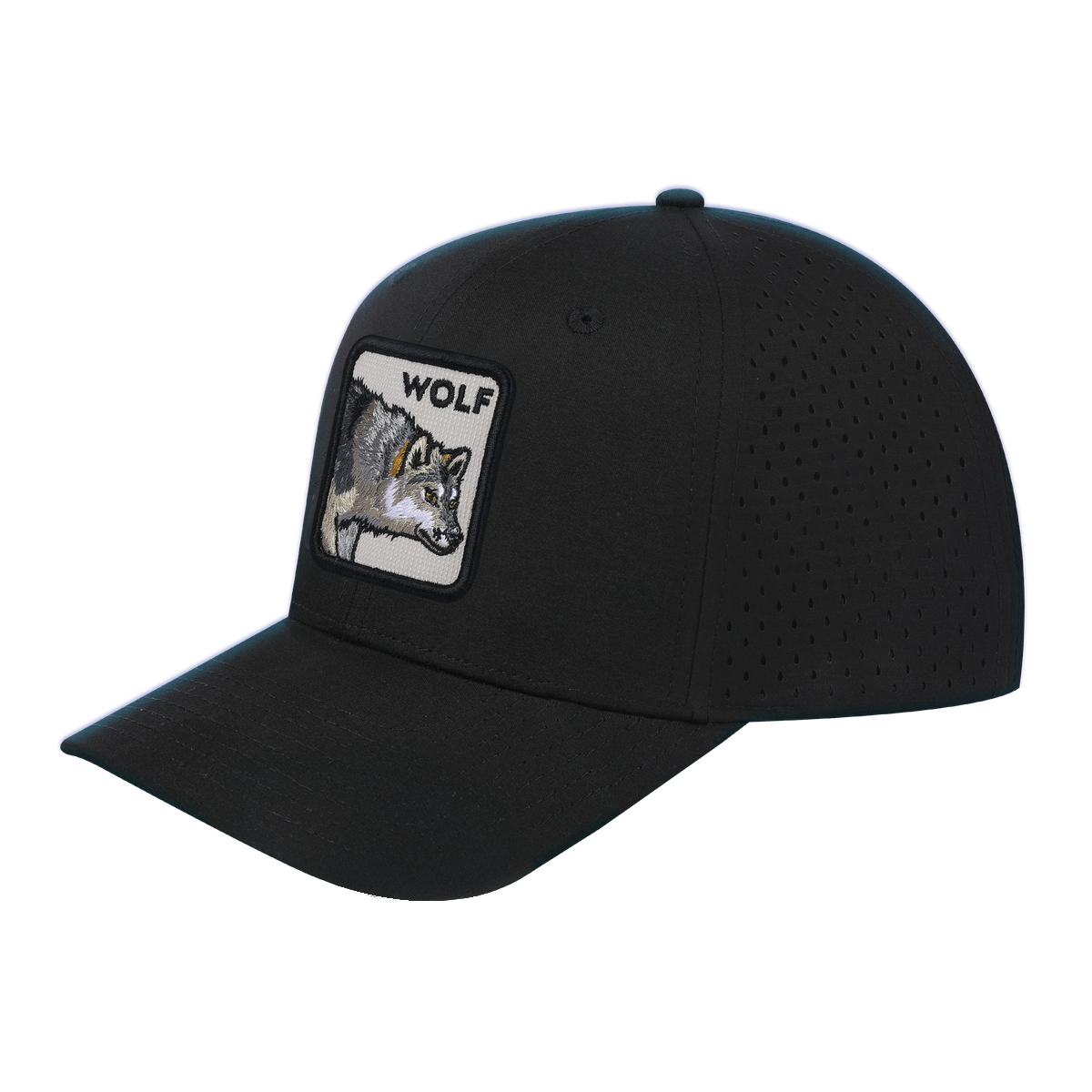 Wolf 6-Panel Microfiber Laser Hole Trucker Hat with Black front and Black back
