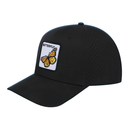 Butterfly 6-Panel Microfiber Laser Hole Trucker Hat with Black front and Black back