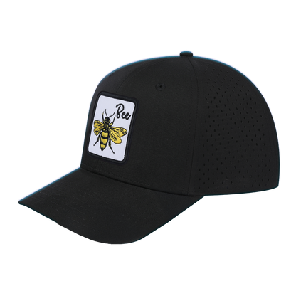 Bee 6-Panel Microfiber Laser Hole Trucker Hat with Black front and Black back