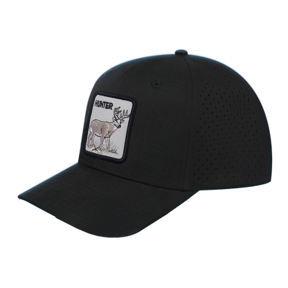 Hunter 6-Panel Microfiber Laser Hole Trucker Hat with Black front and Black back