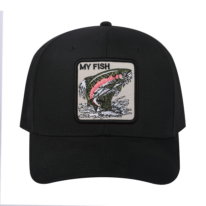 My Fish 6-Panel Microfiber Laser Hole Trucker Hat with Black front and Black back