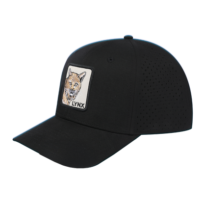 Lynx 6-Panel Microfiber Laser Hole Trucker Hat with Black front and Black back