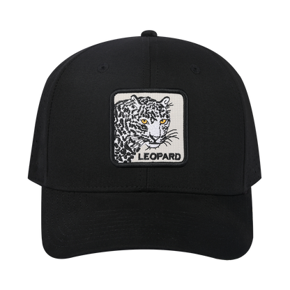 Leopard 6-Panel Microfiber Laser Hole Trucker Hat with Black front and Black back