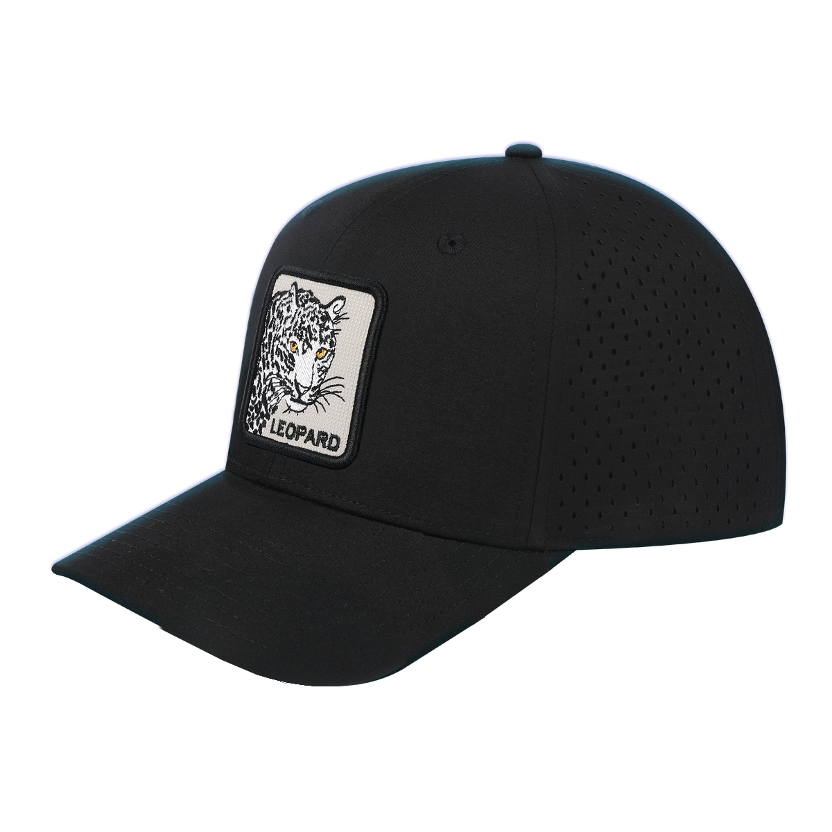 Leopard 6-Panel Microfiber Laser Hole Trucker Hat with Black front and Black back