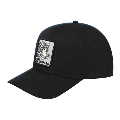 Leopard 6-Panel Microfiber Laser Hole Trucker Hat with Black front and Black back