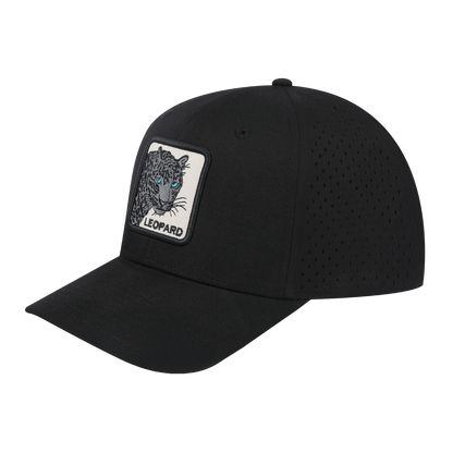 Leopard V2 6-Panel Microfiber Laser Hole Trucker Hat with Black front and Black back