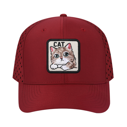 Cat 6-Panel Microfiber Laser Hole Trucker Hat with Dark Red front and Dark Red back