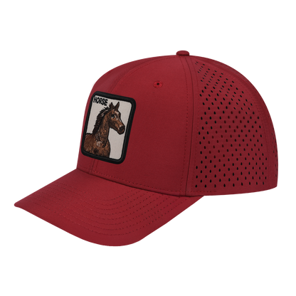 Horse 6-Panel Microfiber Laser Hole Trucker Hat with Dark Red front and Dark Red back