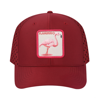 Flamingo 6-Panel Microfiber Laser Hole Trucker Hat with Dark Red front and Dark Red back