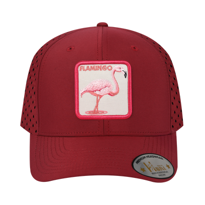 Flamingo 6-Panel Microfiber Laser Hole Trucker Hat with Dark Red front and Dark Red back
