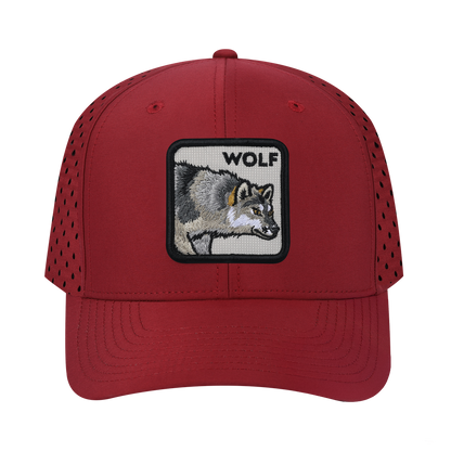 Wolf 6-Panel Microfiber Laser Hole Trucker Hat with Dark Red front and Dark Red back