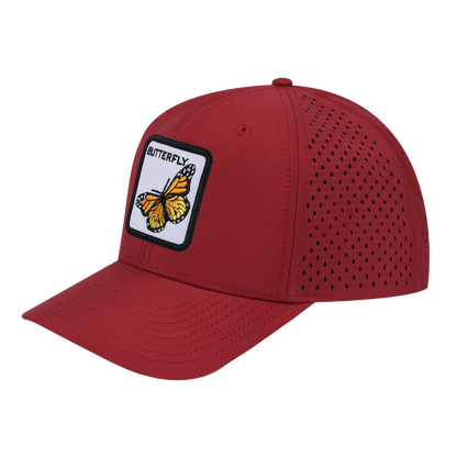 Butterfly 6-Panel Microfiber Laser Hole Trucker Hat with Dark Red front and Dark Red back