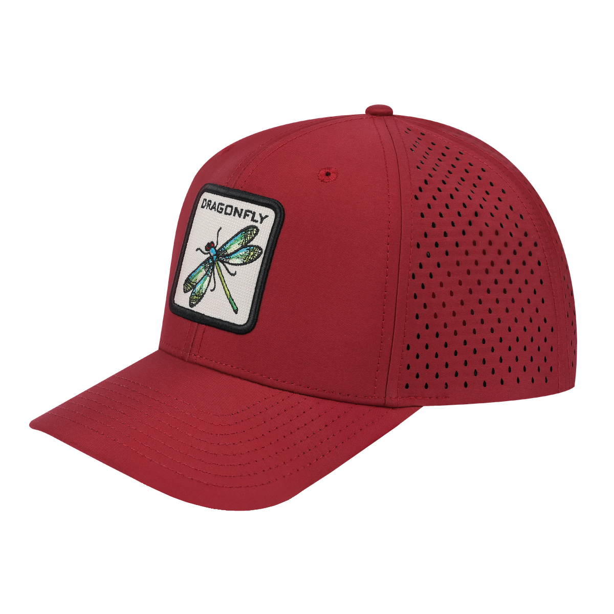 Dragonfly 6-Panel Microfiber Laser Hole Trucker Hat with Dark Red front and Dark Red back