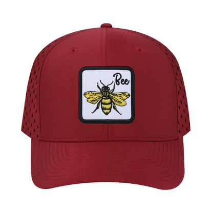Bee 6-Panel Microfiber Laser Hole Trucker Hat with Dark Red front and Dark Red back